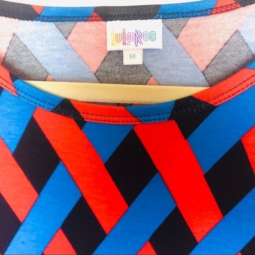 LuLaRoe Julia Midi Dress Orange Blue Black Woven Geometric Print Size M - Picture 3 of 5